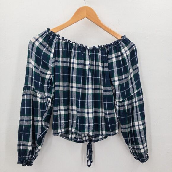 Hollister Cropped Off-Shoulder Top Blouse Blue Plaid Size Small - Picture 7 of 11